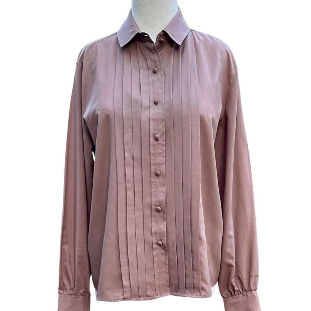 Vintage Josephine Salmon Pink Pleated Button-Up Blouse Size 12